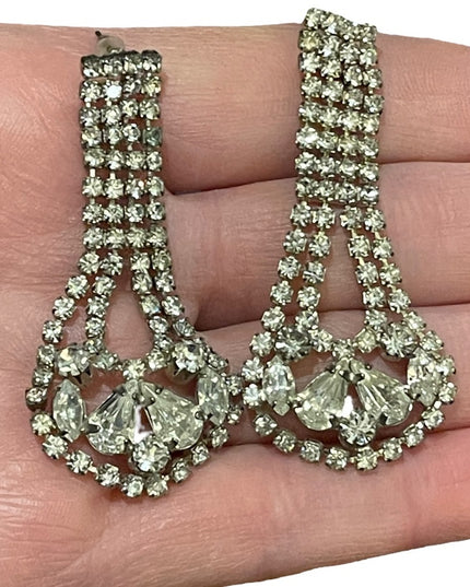 Vintage crystal fancy silver finish rhinestone glass dangle earrings