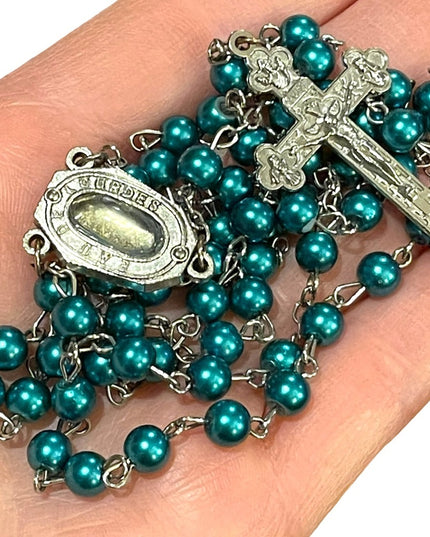Vintage green faux pearl rosary crucifix Catholic