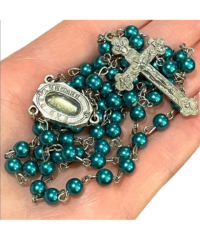 Vintage green faux pearl rosary crucifix Catholic