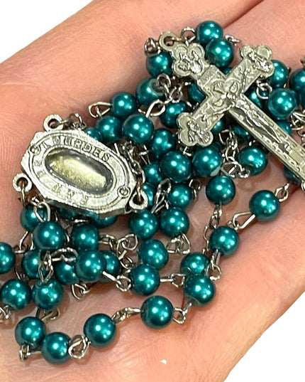Vintage green faux pearl rosary crucifix Catholic