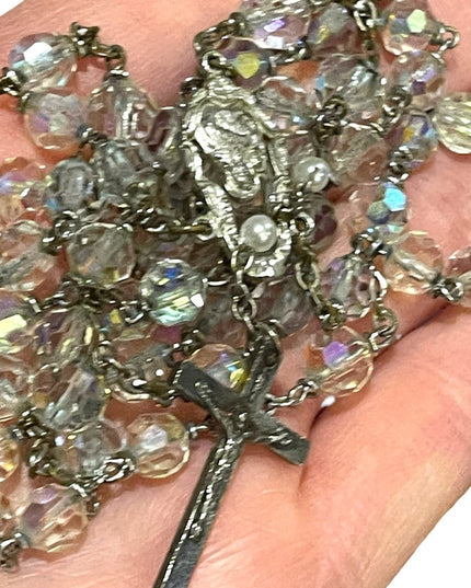 22” Vintage Catholic crucifix religious crystal rosary Beauty!