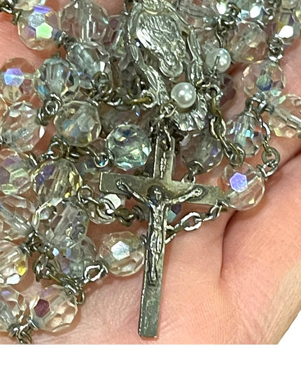 22” Vintage Catholic crucifix religious crystal rosary Beauty!