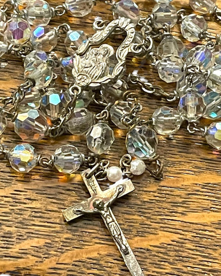 22” Vintage Catholic crucifix religious crystal rosary Beauty!