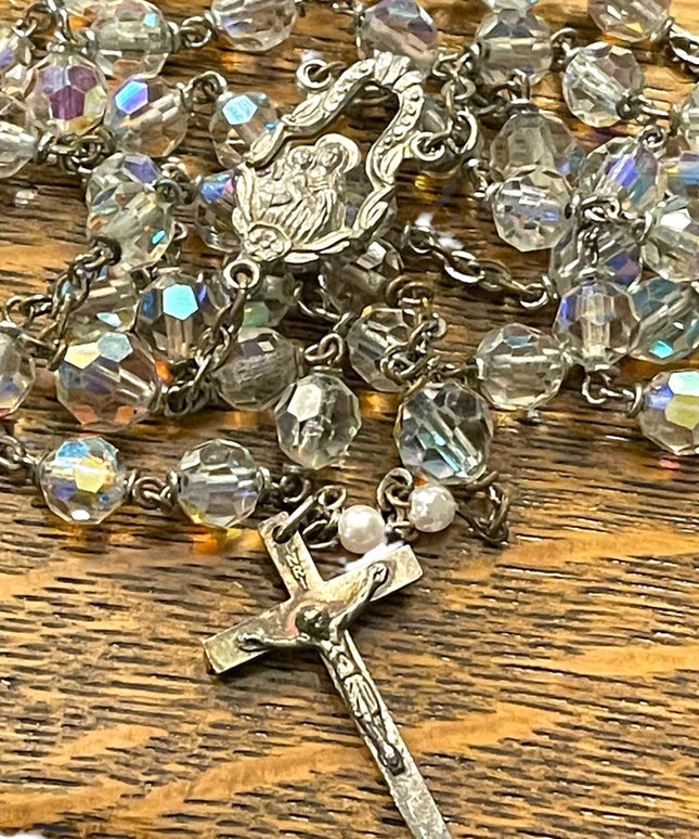 22” Vintage Catholic crucifix religious crystal rosary Beauty!