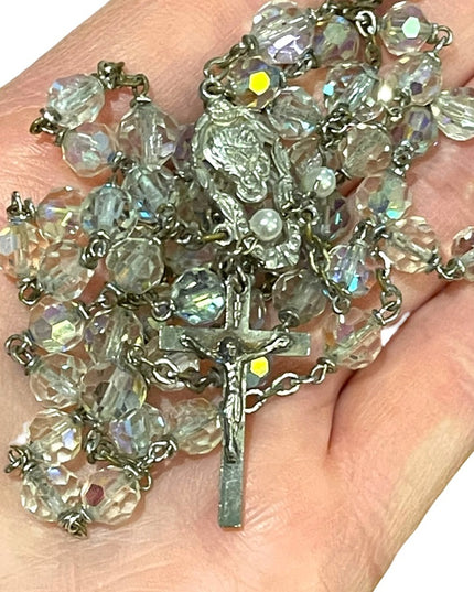 22” Vintage Catholic crucifix religious crystal rosary Beauty!