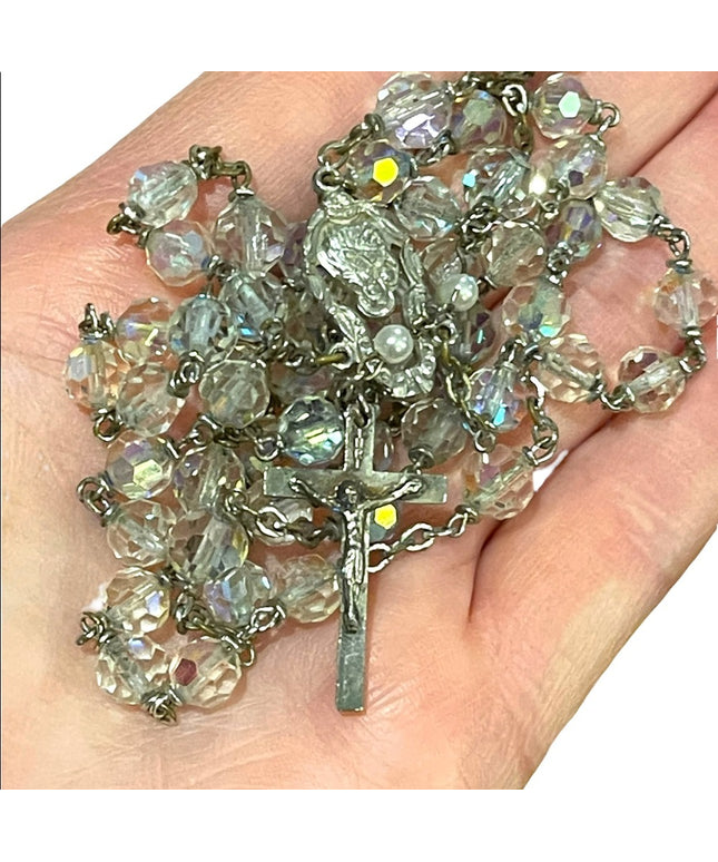 22” Vintage Catholic crucifix religious crystal rosary Beauty!