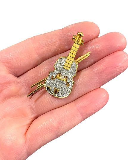 Vintage 1980s gold finish Butler rhinestone crystal violin brooch FAC
