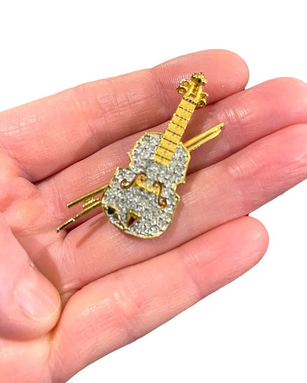 Vintage 1980s gold finish Butler rhinestone crystal violin brooch FAC