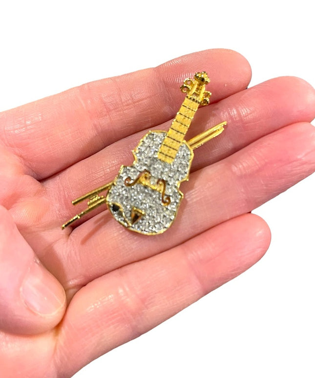 Vintage 1980s gold finish Butler rhinestone crystal violin brooch FAC