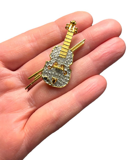 Vintage 1980s gold finish Butler rhinestone crystal violin brooch FAC