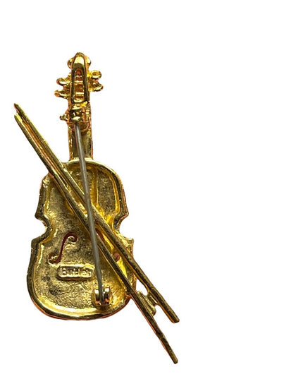 Vintage 1980s gold finish Butler rhinestone crystal violin brooch FAC