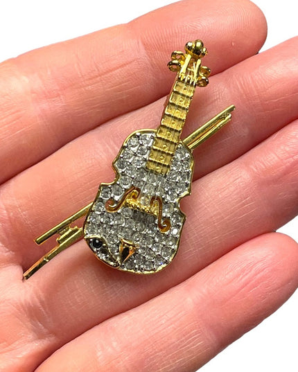 Vintage 1980s gold finish Butler rhinestone crystal violin brooch FAC