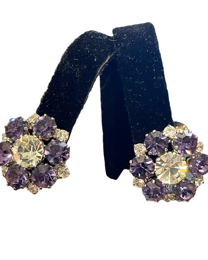 Vintage 1960s purple clear flower crystal sparkle clip on earrings silver