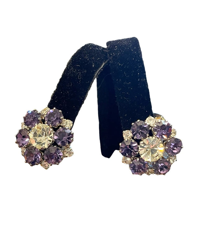 Vintage 1960s purple clear flower crystal sparkle clip on earrings silver