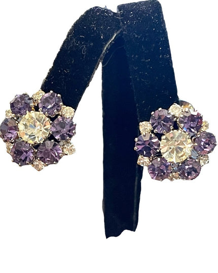 Vintage 1960s purple clear flower crystal sparkle clip on earrings silver