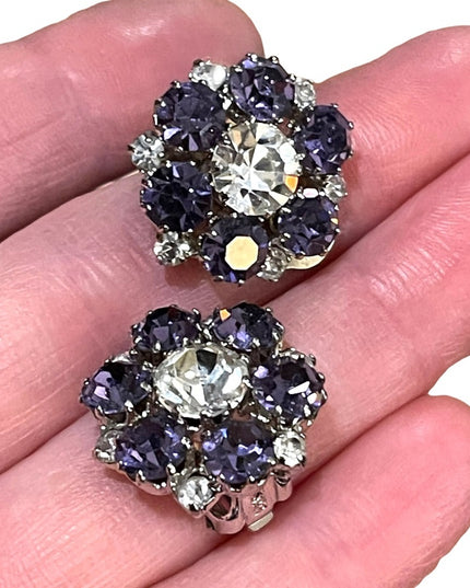 Vintage 1960s purple clear flower crystal sparkle clip on earrings silver