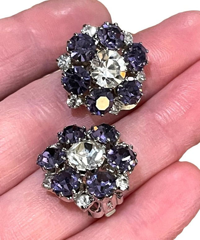 Vintage 1960s purple clear flower crystal sparkle clip on earrings silver