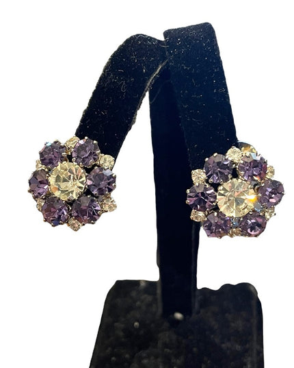 Vintage 1960s purple clear flower crystal sparkle clip on earrings silver