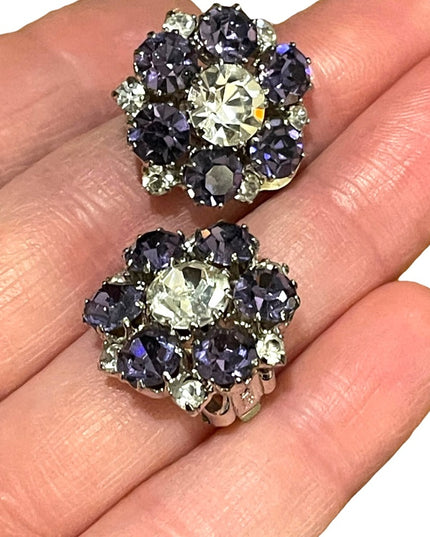 Vintage 1960s purple clear flower crystal sparkle clip on earrings silver