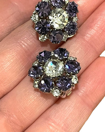 Vintage 1960s purple clear flower crystal sparkle clip on earrings silver