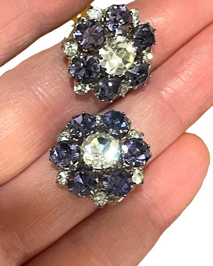 Vintage 1960s purple clear flower crystal sparkle clip on earrings silver