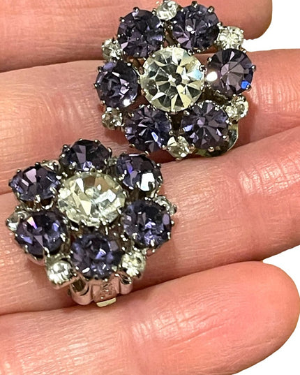 Vintage 1960s purple clear flower crystal sparkle clip on earrings silver