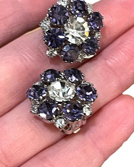 Vintage 1960s purple clear flower crystal sparkle clip on earrings silver