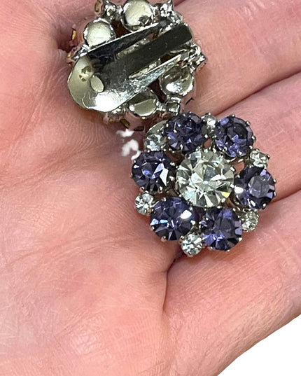 Vintage 1960s purple clear flower crystal sparkle clip on earrings silver
