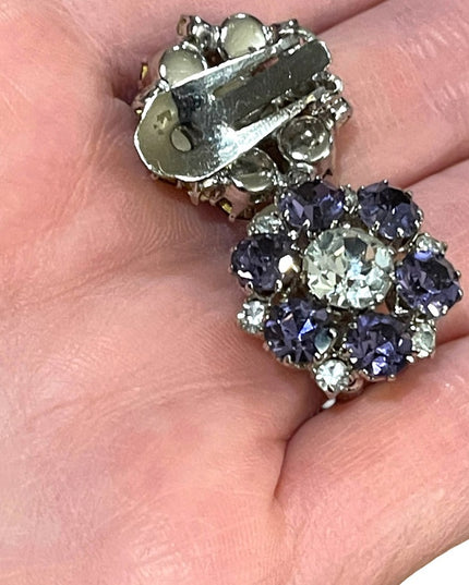 Vintage 1960s purple clear flower crystal sparkle clip on earrings silver