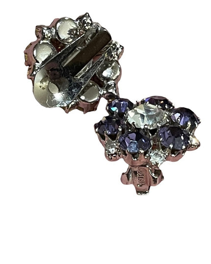 Vintage 1960s purple clear flower crystal sparkle clip on earrings silver