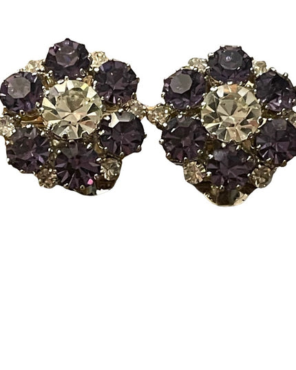 Vintage 1960s purple clear flower crystal sparkle clip on earrings silver