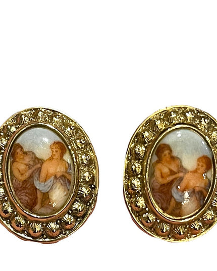 Vintage 1980s ceramic Victorian scene gold ornate oval cameo earrings clip on