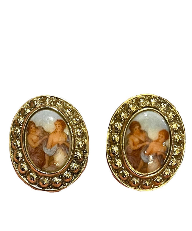 Vintage 1980s ceramic Victorian scene gold ornate oval cameo earrings clip on