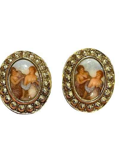 Vintage 1980s ceramic Victorian scene gold ornate oval cameo earrings clip on