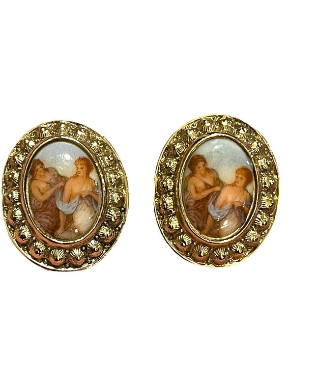 Vintage 1980s ceramic Victorian scene gold ornate oval cameo earrings clip on