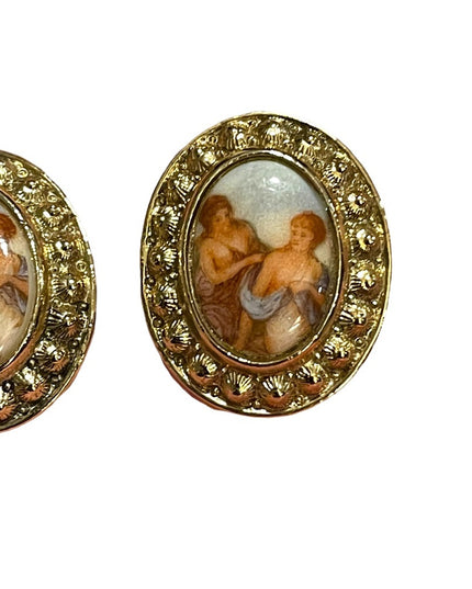 Vintage 1980s ceramic Victorian scene gold ornate oval cameo earrings clip on