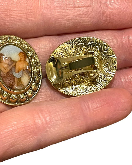 Vintage 1980s ceramic Victorian scene gold ornate oval cameo earrings clip on