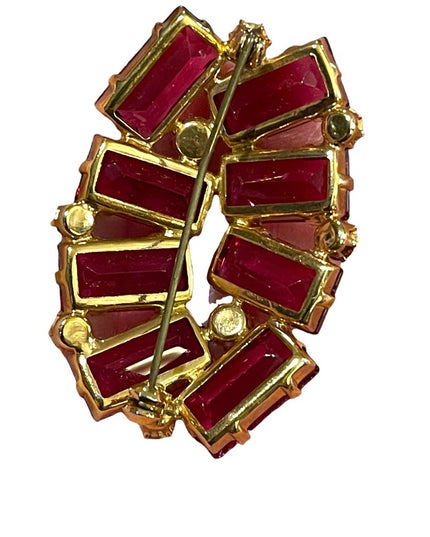 Vintage 1960s Gold finish fushia pink fancy large Juliana style crystal brooch