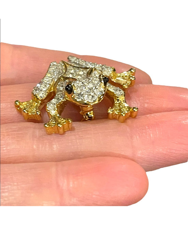 Vintage D’Orlan frog rhinestone crystal RARE brooch 1.3” gold finish
