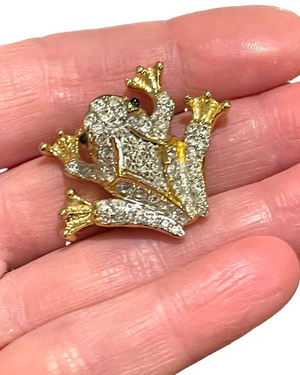 Vintage D’Orlan frog rhinestone crystal RARE brooch 1.3” gold finish