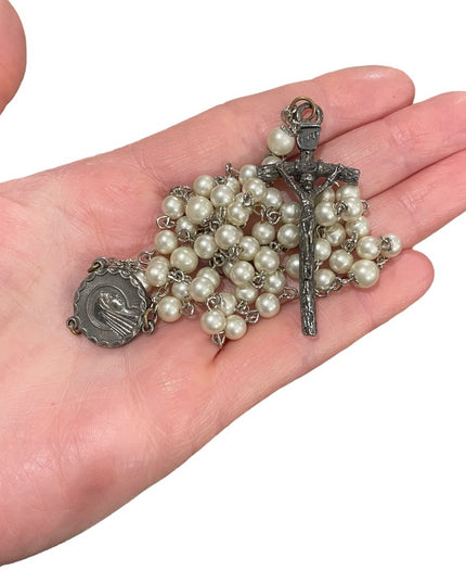 Vintage faux pearl rosary Italy silver finish Catholic religious Crucifix