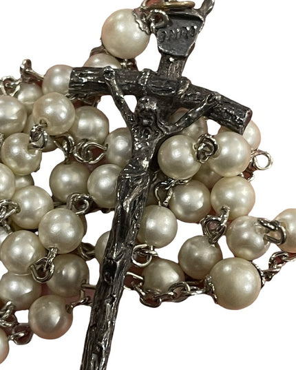 Vintage faux pearl rosary Italy silver finish Catholic religious Crucifix