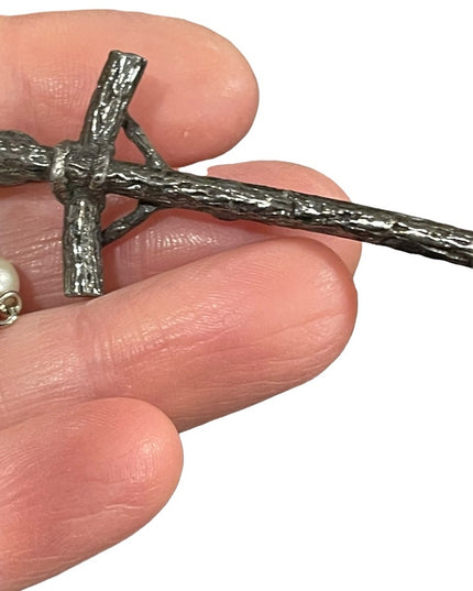 Vintage faux pearl rosary Italy silver finish Catholic religious Crucifix