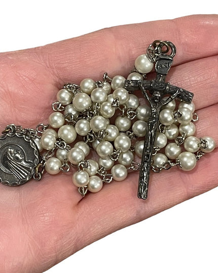 Vintage faux pearl rosary Italy silver finish Catholic religious Crucifix