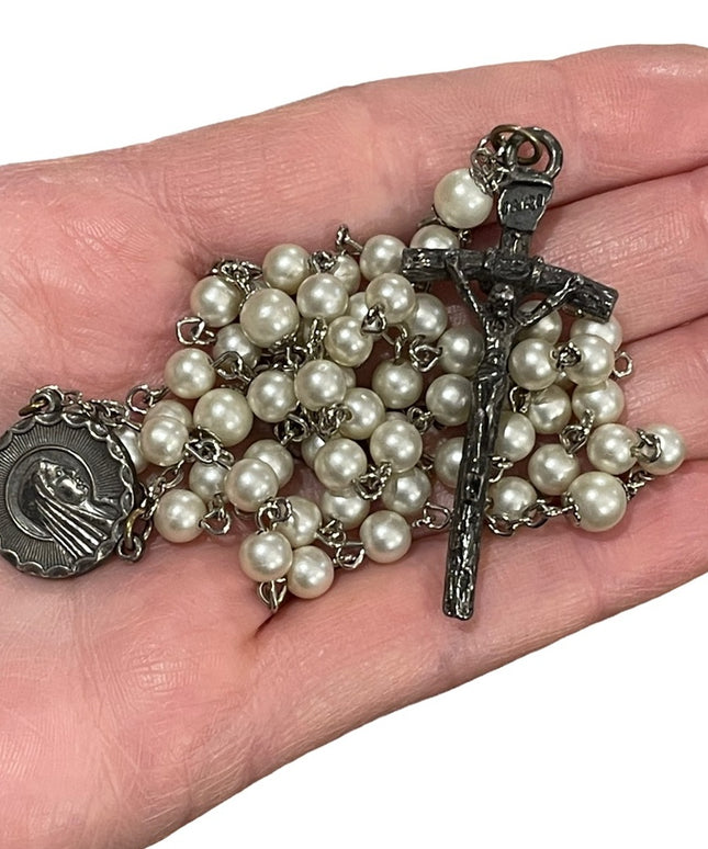 Vintage faux pearl rosary Italy silver finish Catholic religious Crucifix