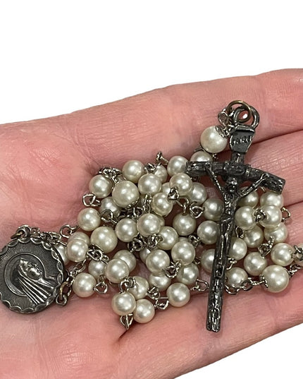 Vintage faux pearl rosary Italy silver finish Catholic religious Crucifix