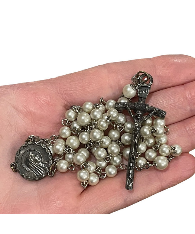 Vintage faux pearl rosary Italy silver finish Catholic religious Crucifix