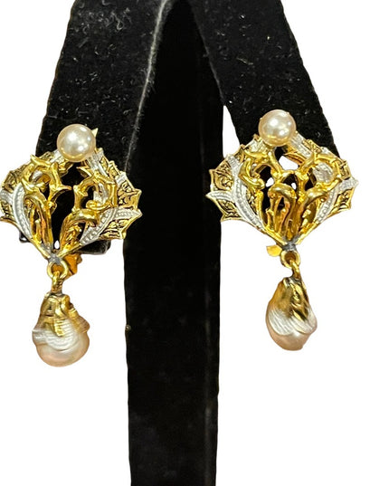 Vintage gold plated Spain clip on Damascene pearl earrings