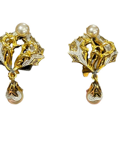 Vintage gold plated Spain clip on Damascene pearl earrings