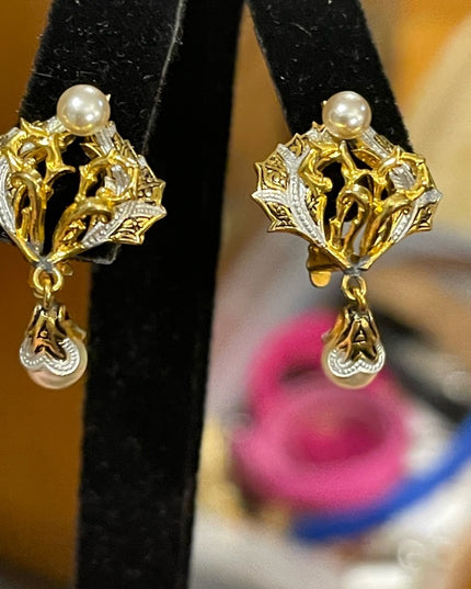 Vintage gold plated Spain clip on Damascene pearl earrings